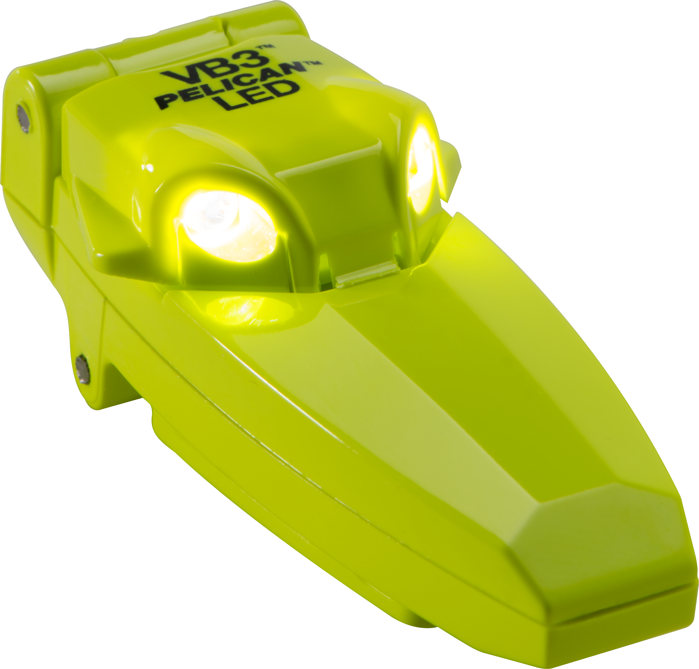 Pelican 2220 VB3 LED flashlight in bright yellow with dual LEDs and pivoting head for adjustable light direction.